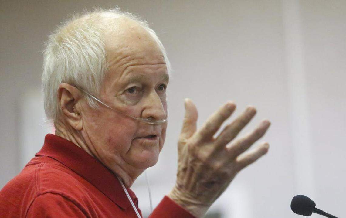 Nipomo Mesa resident Stanley Fisher spoke about his lung condition at a Coastal Commission meeting in Cambria last month.