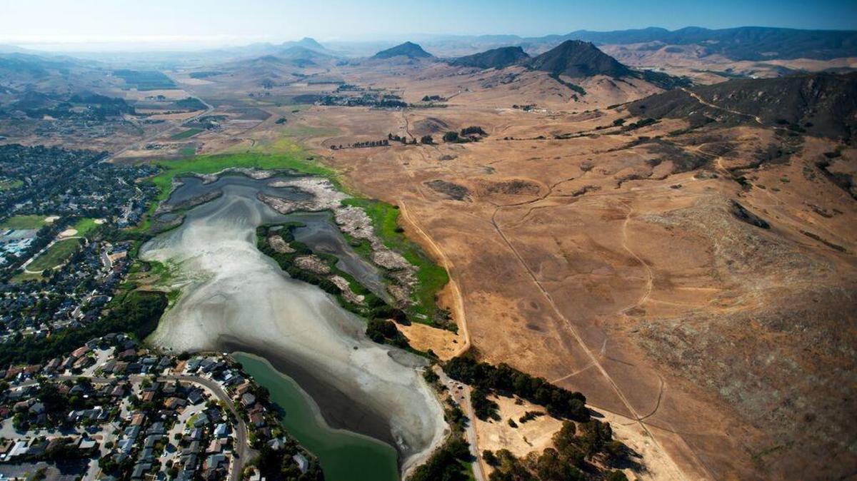An aerial shot of Laguna Lake in San Luis Obispo highlights the effects of the drought in 2016. Much of San Luis Obispo is in “moderate drought” conditions in March 2021.