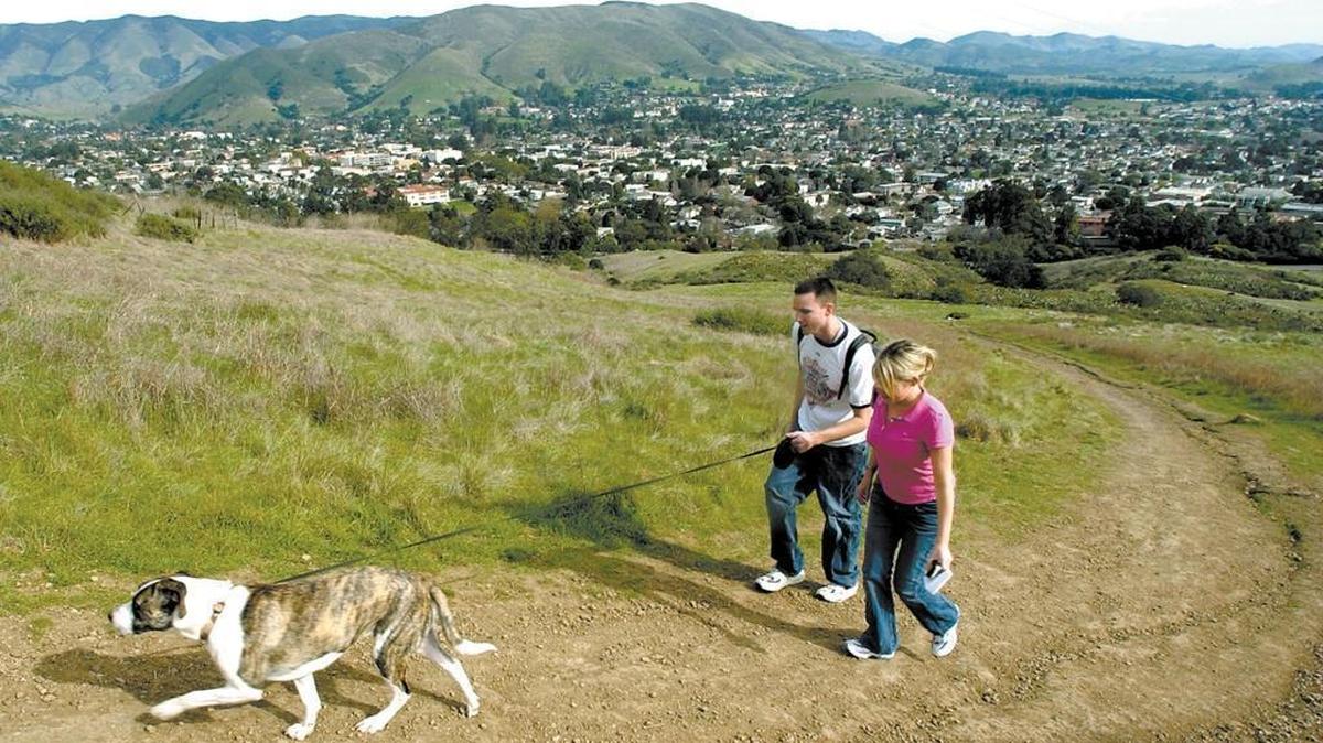Hikers walk their dog Lady up Cerro San Luis in 2006. The city is considering a pilot program to allow night hiking and biking on the peak.