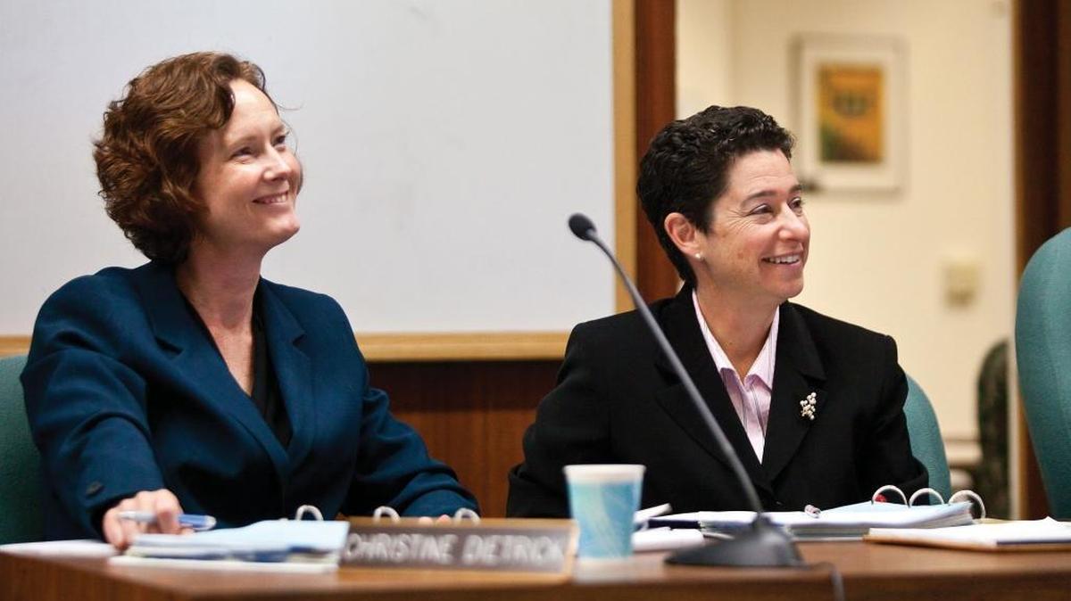 City Manager Katie Lichtig, right, and city Attorney Christine Dietrick,left, at a San Luis Obispo City Council meeting in 2010.