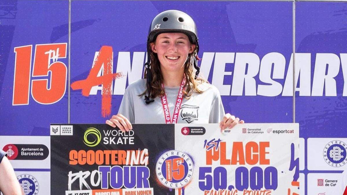 Claire Parks, who practices at A-Town Park in Atascadero, won first place at the World Skate Scootering Pro Tour in Barcelona in September 2023.