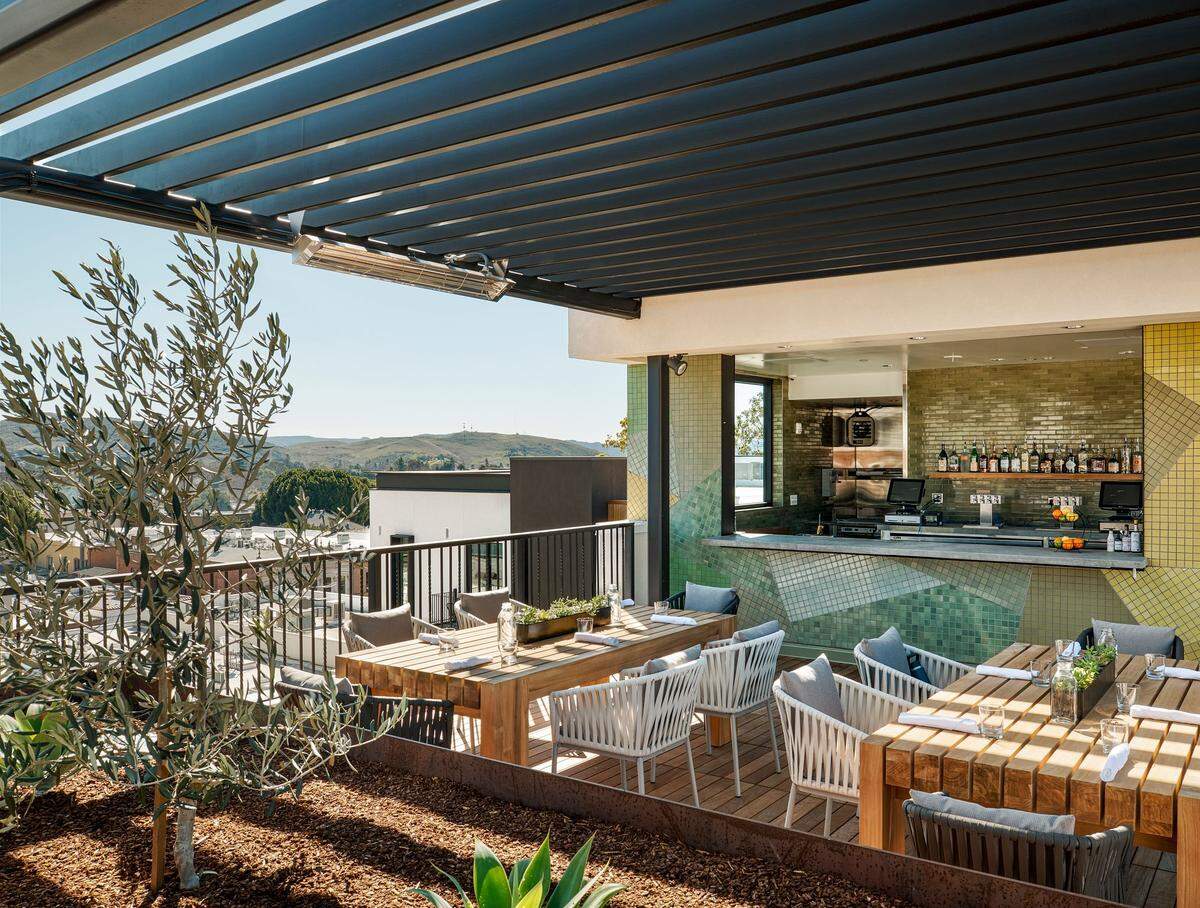 The rooftop High Bar and lounge at Hotel San Luis Obispo offers views of the surrounding hills and downtown.