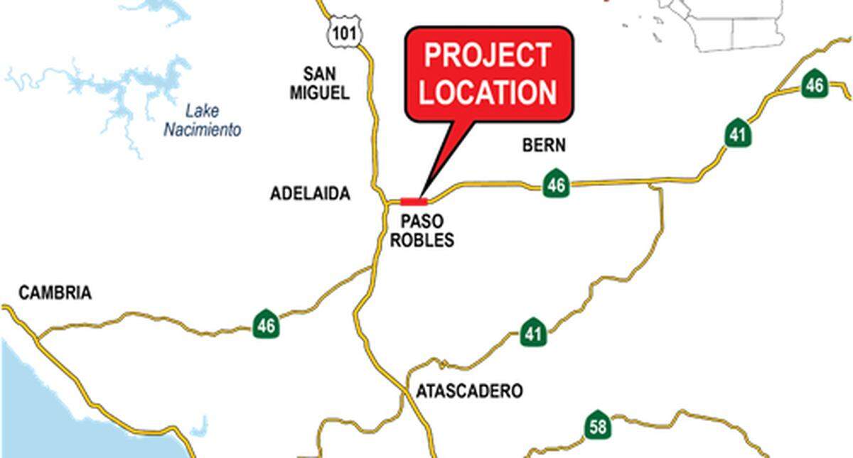 A map shows the location of the proposed Highway 46 East improvement project that involves building a highway overpass connecting two roads in Paso Robles.