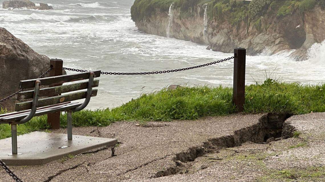 ‘Ready to fall’: Cliffside crack at Pismo Beach park grows as storm batters SLO County
