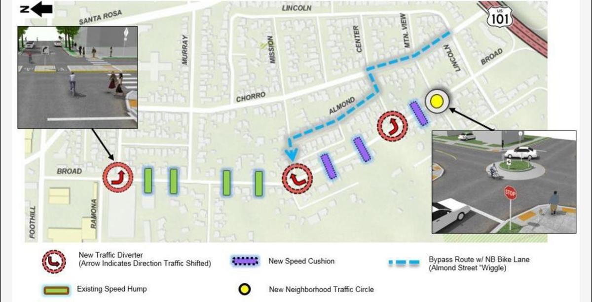 The San Luis Obispo City Council wants to reconsider an earlier option that called for installing traffic diversions on Broad Street to route cars off to other streets and make Broad safer for bikes.