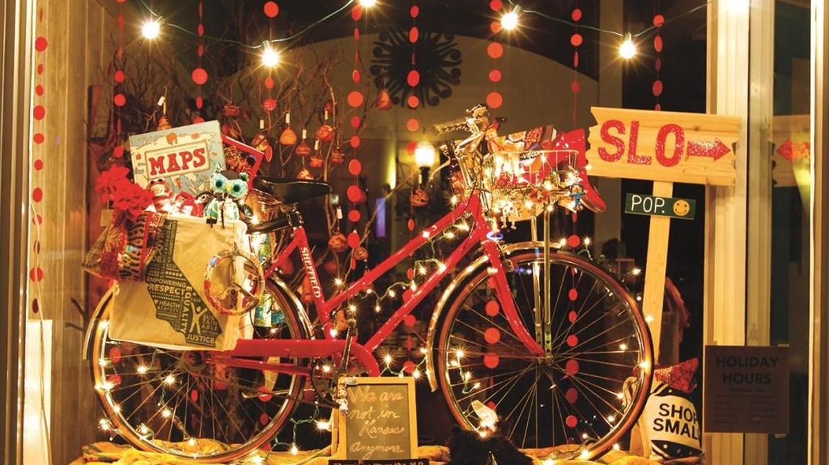 The window display at HumanKind Fair Trade, which won “Best in Theme” in the SLO Downtown Association’s annual Holiday Window Decorating Contest.