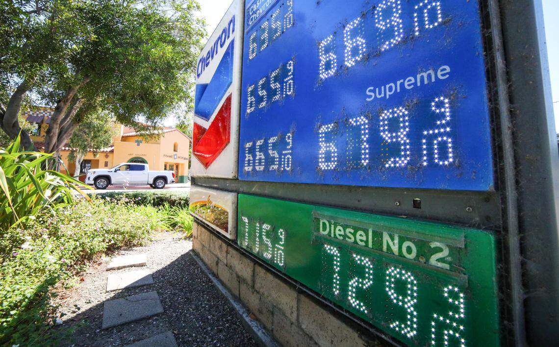 Fuel prices at the Chevron at the corner of Higuera and Marsh Streets in San Luis Obispo ranged between a high of $7.299 for diesel on credit and debit to a cash price of $6.359 for cash regular gasoline Sept. 25, 2023.