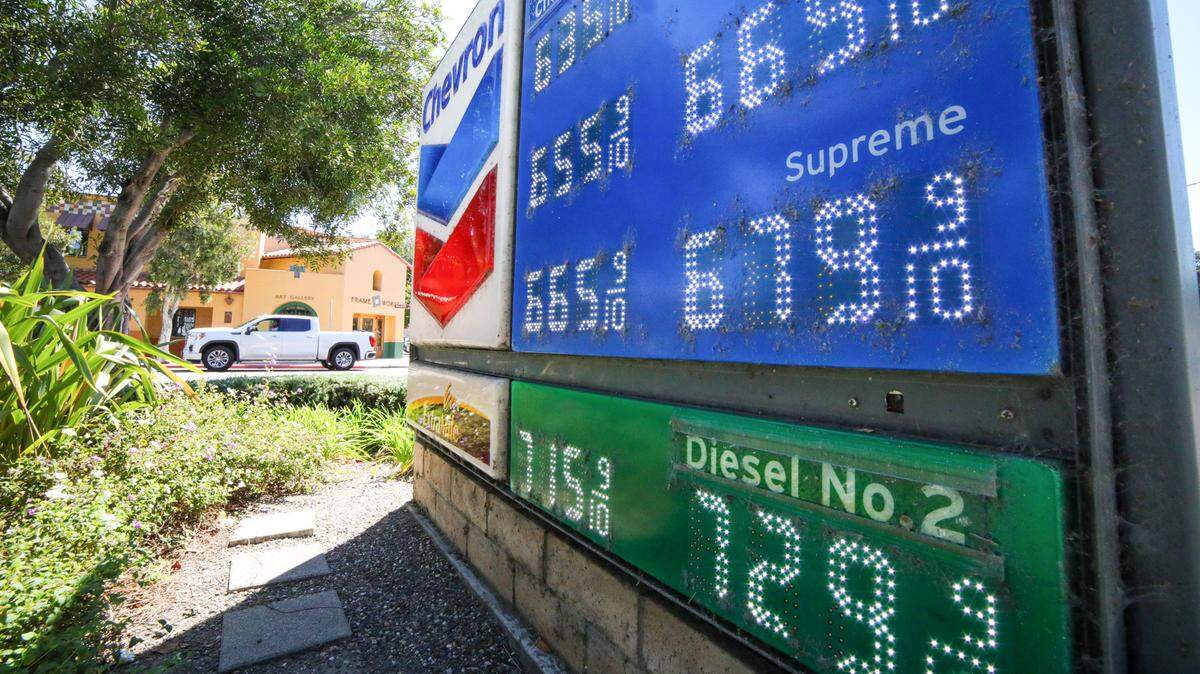 Fuel prices at the Chevron at the corner of Higuera and Marsh Streets in San Luis Obispo ranged between a high of $7.299 for diesel on credit and debit to a cash price of $6.359 for cash regular gasoline Sept. 25, 2023.