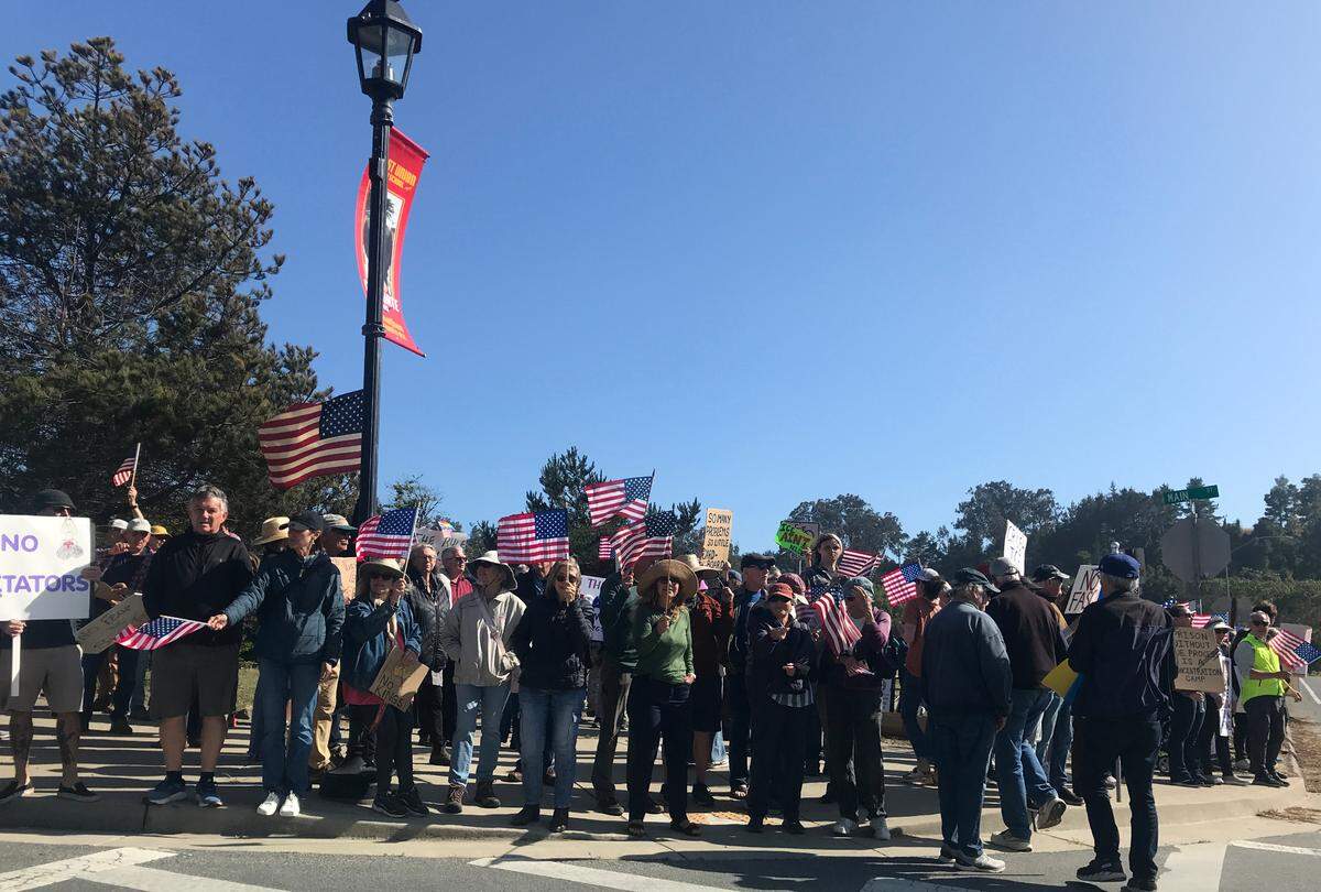 Hundreds of “No Kings” protestors lined up along Cambria’s Main Street and Cambria Drive on June 14, 2025, as part of national protests.