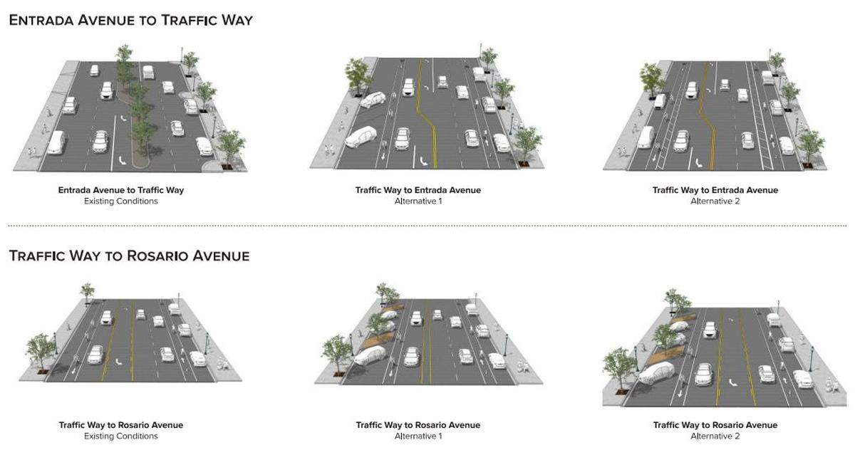 Renderings show street layout options for the stretch of El Camino Real that runs from Entrada Avenue to Traffic Way and Traffic Way to Rosario Avenue. Atascadero is exploring plans to reduce the number of lanes on the road to enhance pedestrian safety and aid economic development.