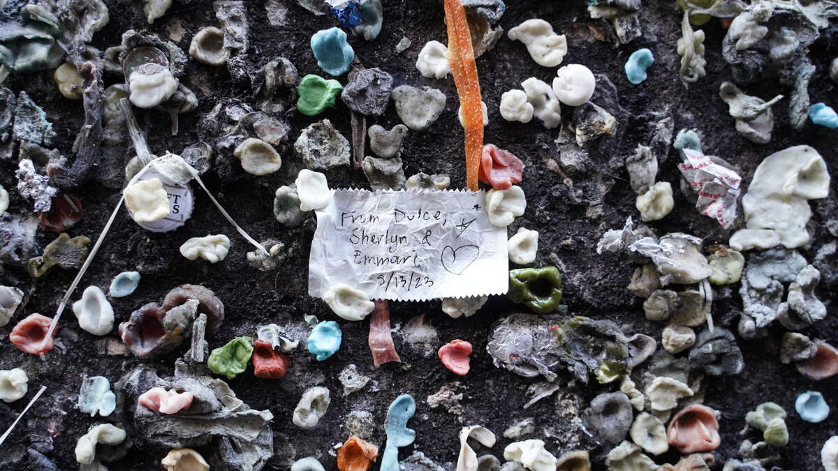 Notes like this one dot the walls of Bubblegum Alley in San Luis Obispo, CA.