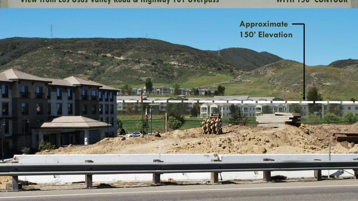 Rendering of proposed retirement community as seen from Los Osos Valley Road Highway 101 overpass, with the 150-foot elevation marked.