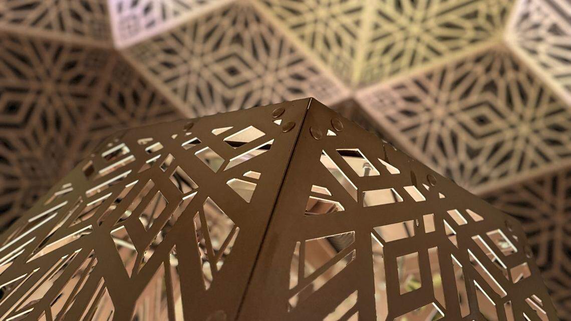 The DIMENSIONS exhibit at Sensorio in Paso Robles features a collection of illuminated geometric sculptures, seen here on May 23, 2024. It was created by the artist duo HYBYCOZO.