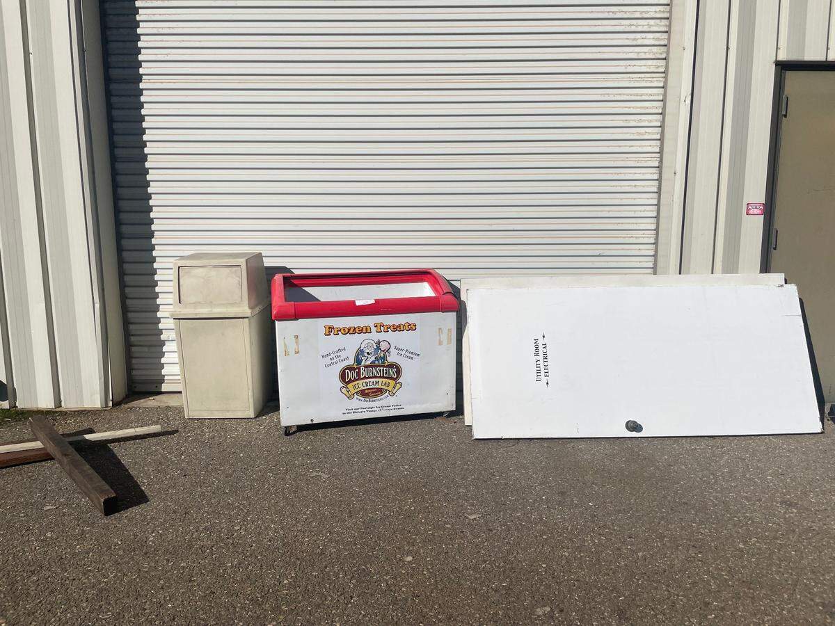 A Doc Burnstein’s Ice Cream Lab freezer sits outside the former production plant for the Central Coast ice cream chain. The facility quietly closed in 2022.