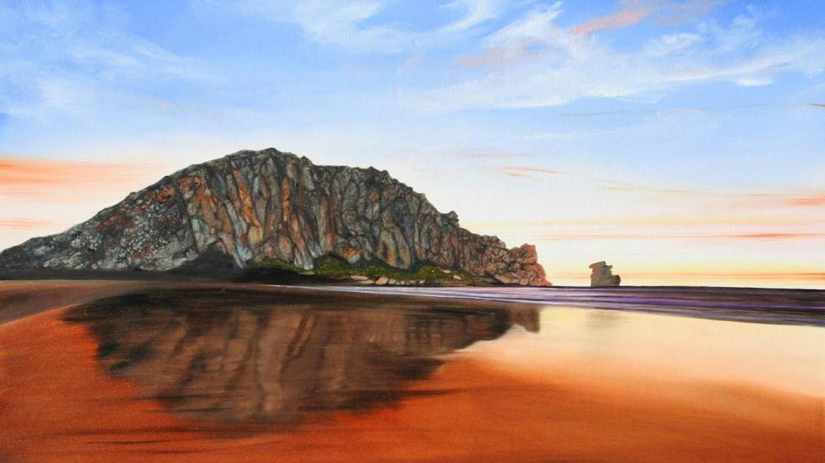 “Reflections of Morro Rock” is an oil painting by Patricia Newton. Newton will be giving a free painting demonstration in Morro Bay at 3 p.m. Monday.