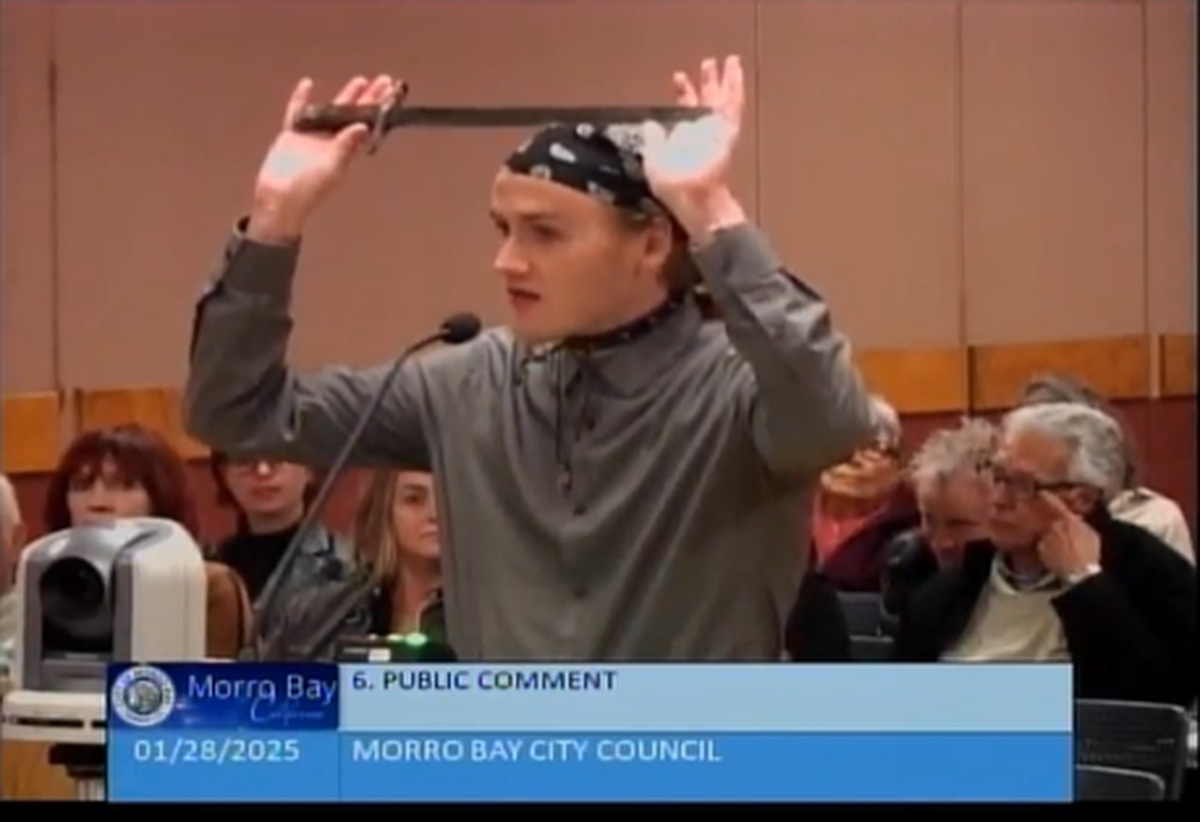 Kiernan Cottle, 28, drew a bayonet during public comment at the Morro Bay City Council meeting on Jan. 28, 2025. He was arrested by Morro Bay police the next day.