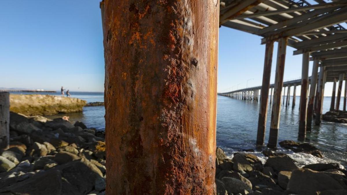 The pilings closest to shore have the most rust due to frequent spray from breaking waves. The Cal Poly Pier began life as an oil transportation pier for Unocal. The steel pier was built in 1984 after a major storm destroyed the previous wooden pier the year before.