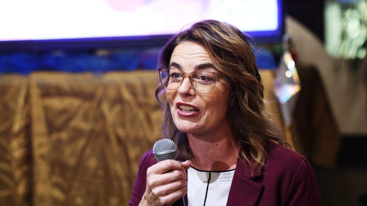 Dawn Addis talks to supporters at her Election Night party in San Luis Obispo on Nov. 8, 2022. Early returns showed her out to a big lead in her bid for the 30th Assembly District seat.
