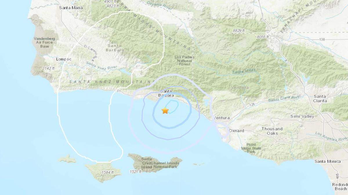A U.S. Geological Survey (USGS) map shows a magnitude 3.4 earthquake that shook the coast of Santa Barbara County.