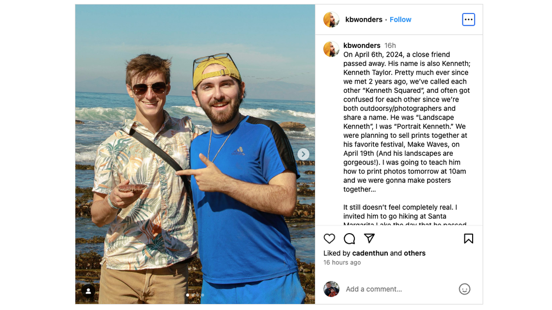 Cal Poly student Kenneth Taylor, left, was found dead at the base of the Salmon Creek waterfall on April 6, 2024. Friend Kenneth Bevens, right, posted a tribute to Taylor on Instagram.