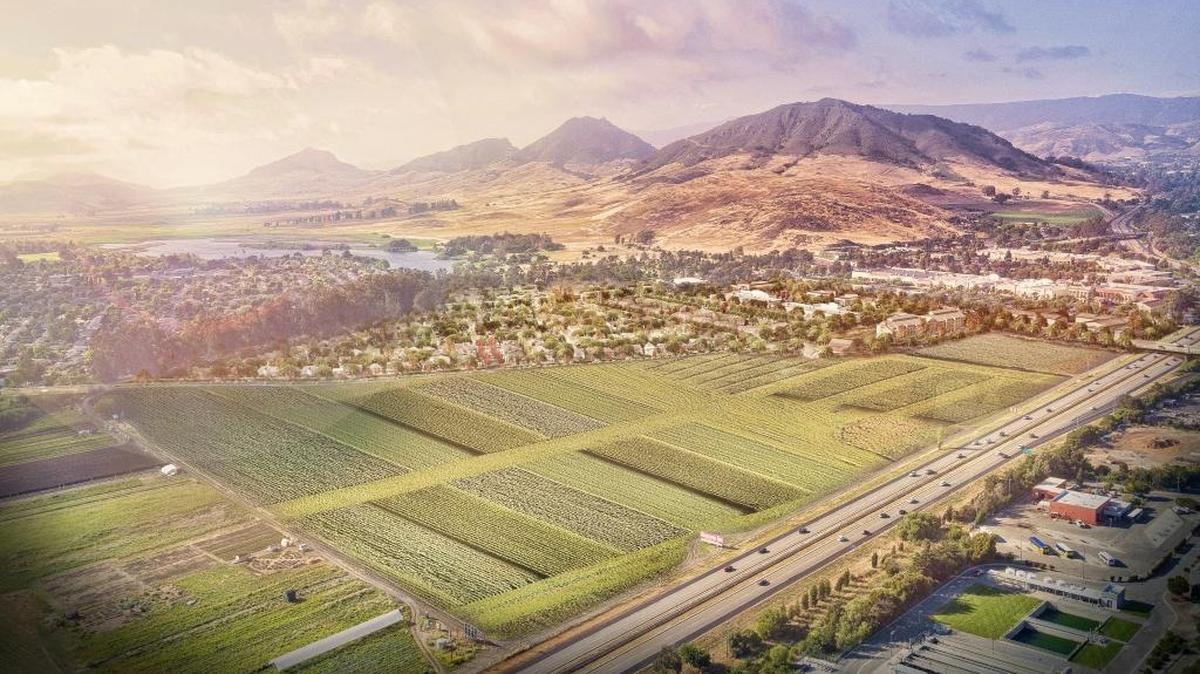 This rendering offers a bird’s eye view of the proposed San Luis Ranch project bordering Madonna Road and Oceannaire Drive in San Luis Obispo.