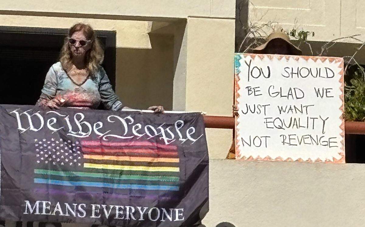 About 400 people turned out Saturday for a protest and rally recognizing International Women’s Day, outside the courthouse in San Luis Obispo on March 8, 2025.