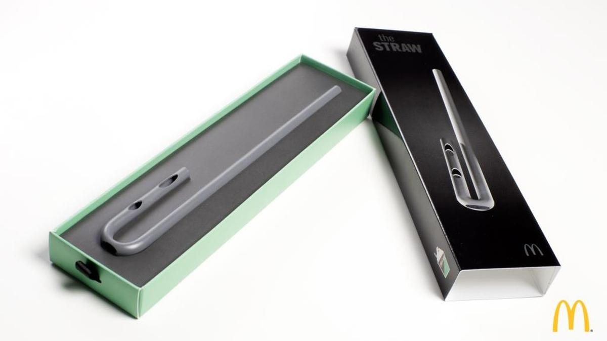 McDonald’s high-tech STRAW — or Suction Tube for Reverse Axial Withdrawal — features a fluted, J-shaped design to allow equal tastes of both the chocolate and mint layers of the new Chocolate Shamrock Shake.