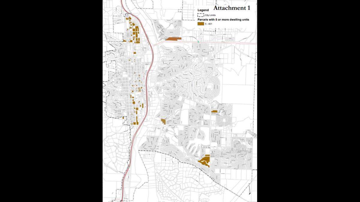 A map shows the locations of the 70 multifamily complexes in Paso Robles with at least five units that are affected by a 45-day moratorium on converting housing for other uses.
