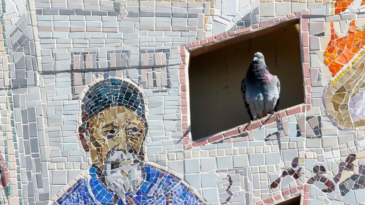 Pigeons roost in the 1997 Peter Ladochy Chinatown mosaic on the Palm Street garage in San Luis Obispo. Pioneer businessman Ah Louis is at left. 02-23-2018 David Middlecamp