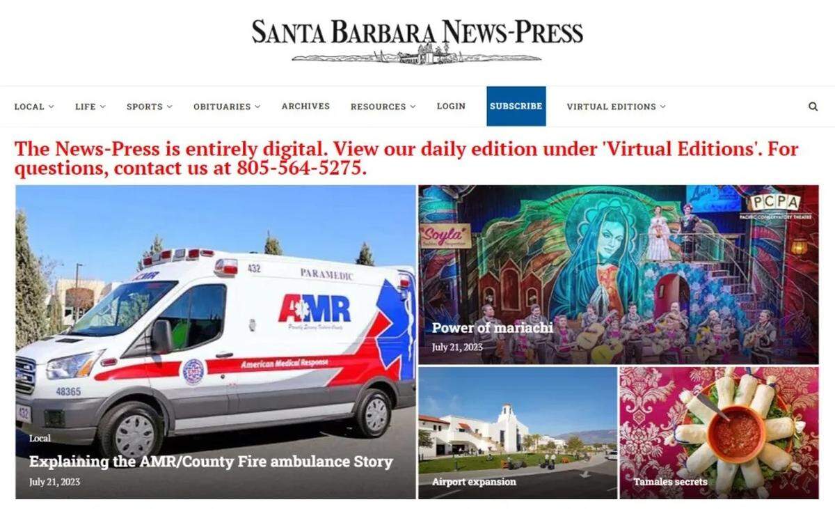The homepage of the Santa Barbara News-Press as seen in July 2023 when the owner declared bankruptcy.