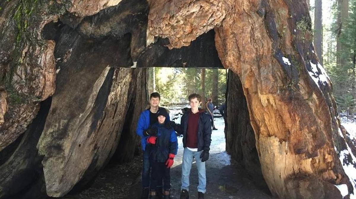 Visitors to Calaveras Big Trees State Park in Arnold stand in the tunnel of the Pioneer Cabin Tree on Dec. 29.