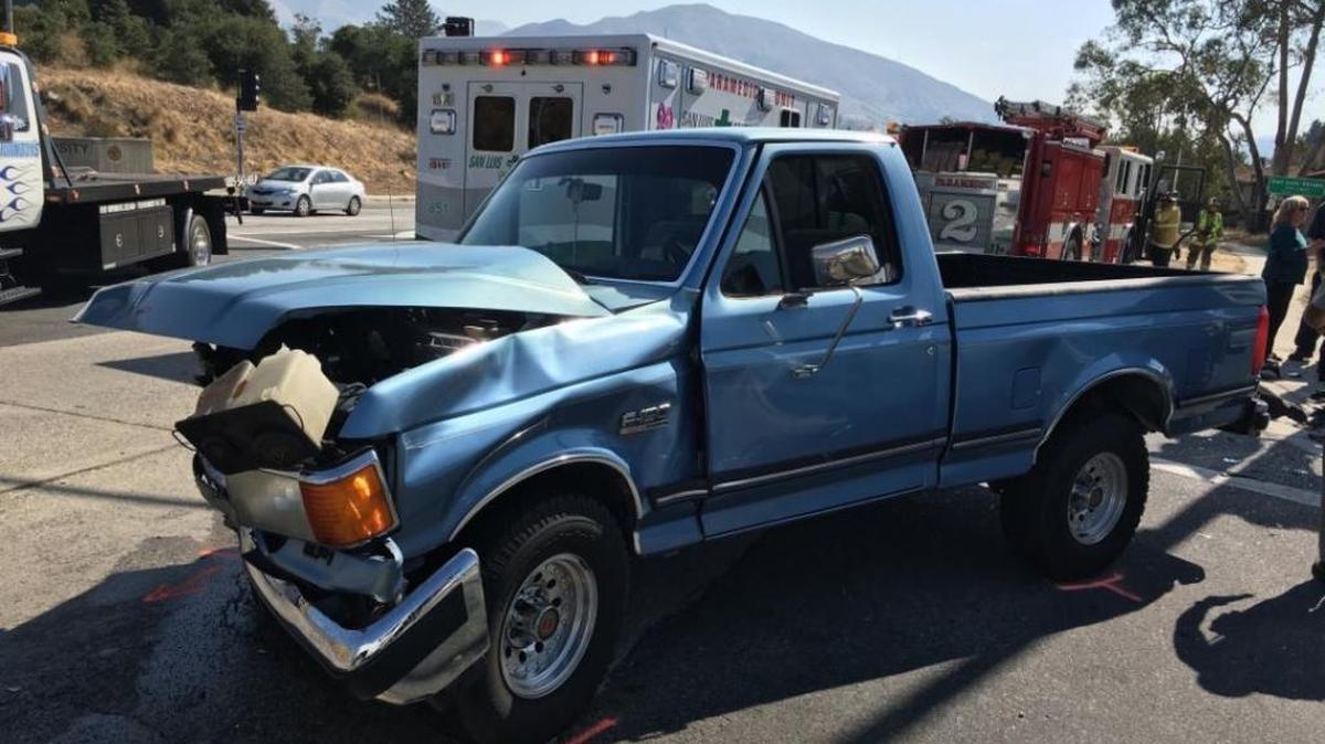 Cal Poly baseball player Alex McKenna’s truck was badly damanged in a collision that shut down the southbound lanes of Highway 1 on Wednesday in San Luis Obispo.