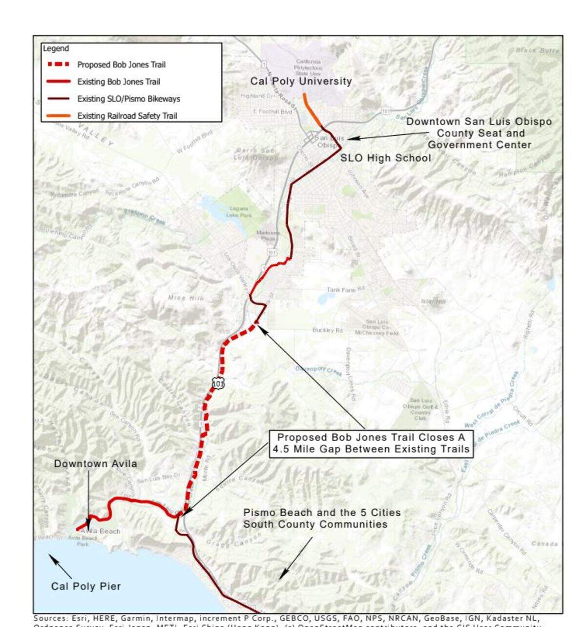 A map of the planned new leg of the Bob Jones Trail, connecting the pathway from Avila Beach to SLO.