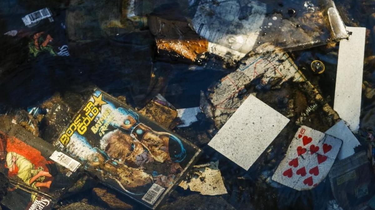 Debris that founds its way into San Luis Creek from the fire at The Sub.