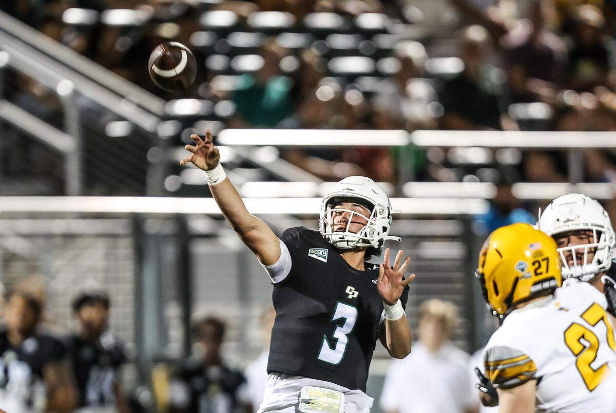 Cal Poly Mustangs quarterback Bo Kelly (3) throws a pass in the Mustangs’ 42-14 loss to Idaho at Alex G. Spanos Stadium on Oct. 7, 2023.