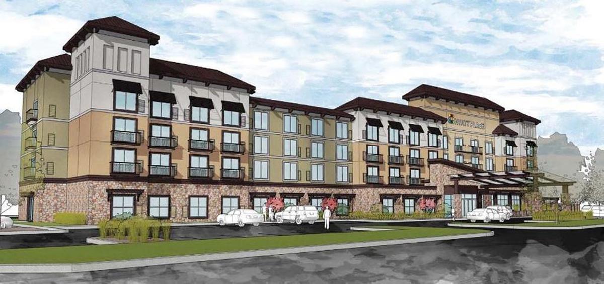 A rendering of the proposed Hyatt Place hotel, which will likely be built on a city-owned parcel that would be swapped for the River Lodge Motel property.