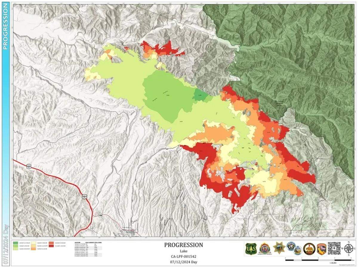 A Lake Fire progression map shows Thursday’s burn areas in red.
