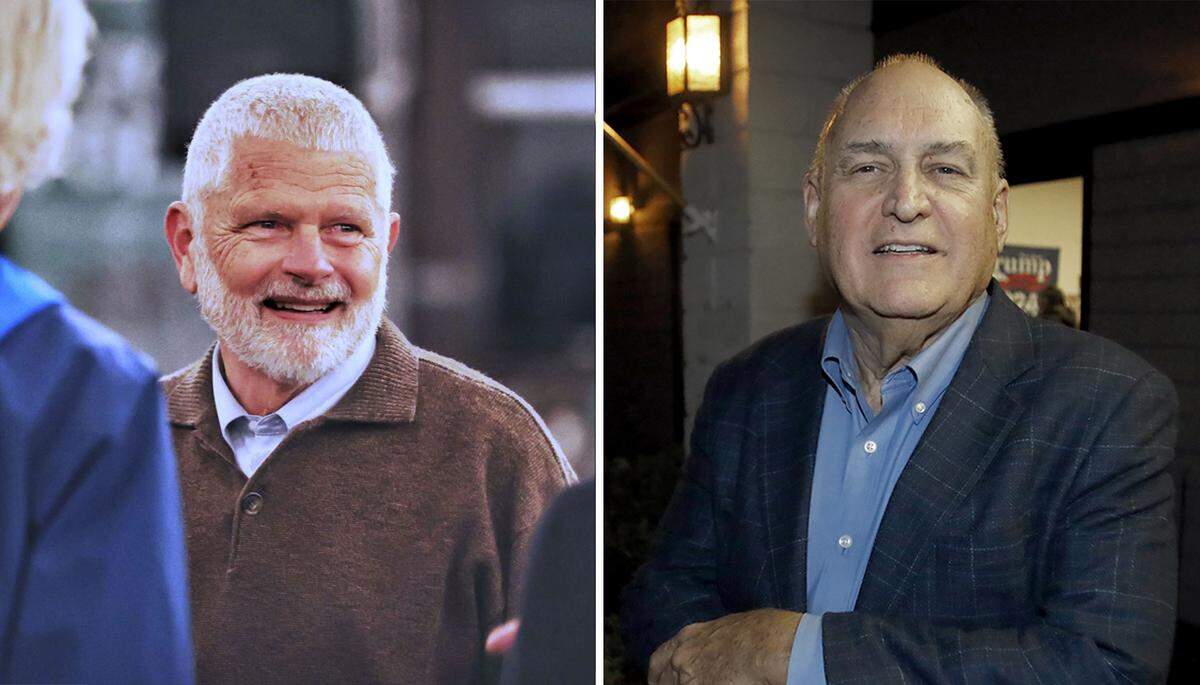 Bruce Gibson, left, and Bruce Jones attend Election Night parties while waiting for results in the District 2 San Luis Obispo County Board of Supervisors race, on Nov. 8, 2022.