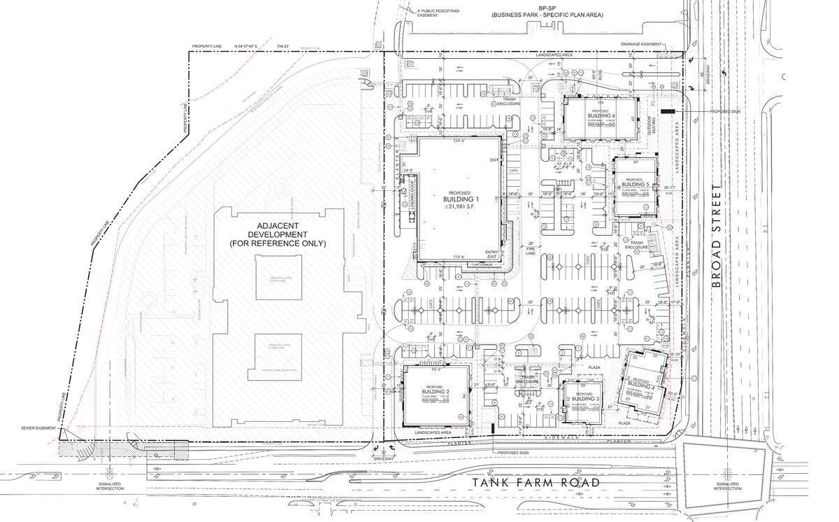 This image lays out a proposed shopping center at the corner of Tank Farm Road and Broad Street in San Luis Obispo.