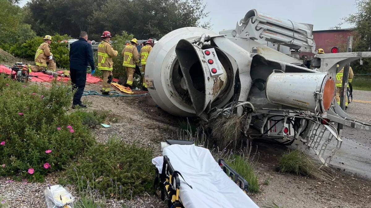 Heavy extrication was required to free the critically injured occupant of a cement mixer truck that overturned near Buellton on Wednesday, April 3, 2024.