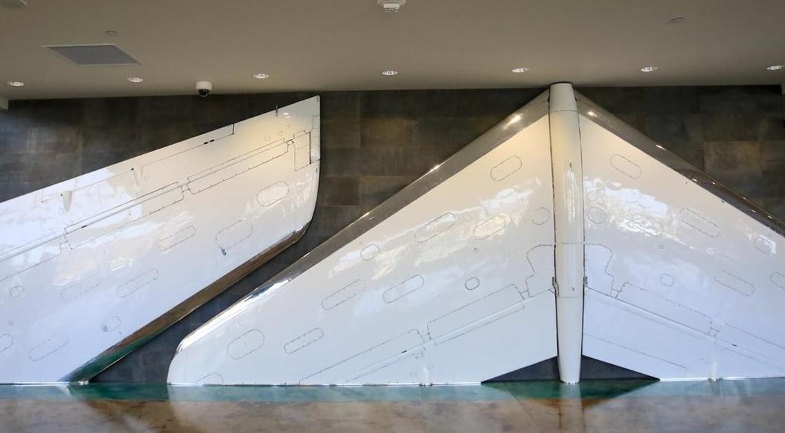 Parts of airplanes are repurposed as art around the new San Luis Obispo County Regional Airport terminal. These wing-tips on the wall greet the passengers as they walk into the front entrance.