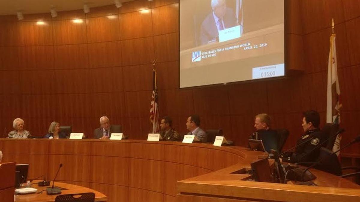 Jim Petroni, a former emergency management coordinator for the Office of Emergency Services, speaks to his fellow panelists at the League of Women Voters’ “Safe in SLO” forum Wednesday.