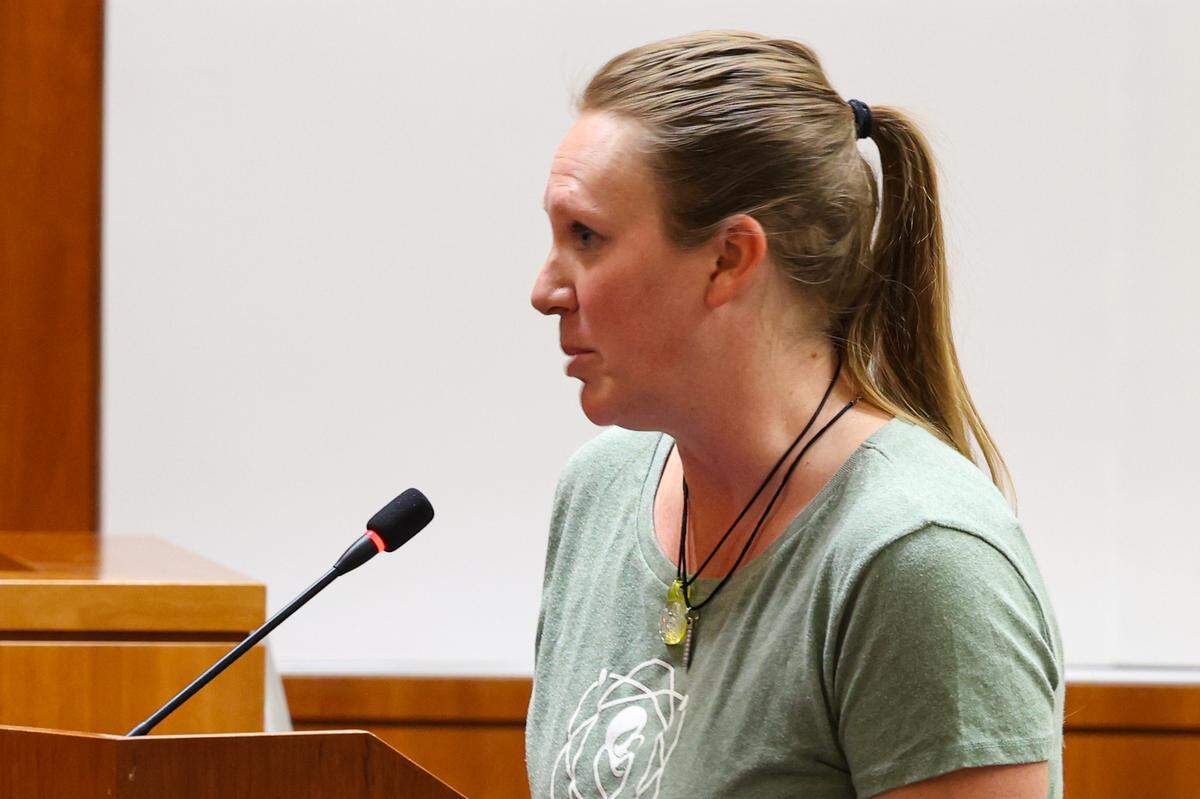 Heather Hoff, a Diablo Canyon employee and member of Mothers for Nuclear, addresses the Nuclear Regulatory Commission during a meeting at the Board of Supervisors chambers in San Luis Obispo on May 3, 2023. The commission was in town to discuss the potential relicensing and safety of Diablo Canyon nuclear power plant.