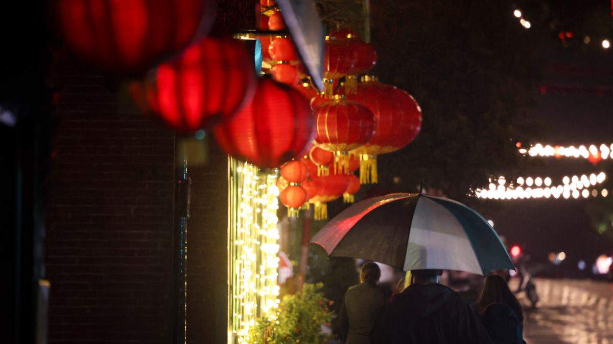 Rain falls in San Luis Obispo’s Chinatown on Palm Street seen here on Feb. 4, 2025.