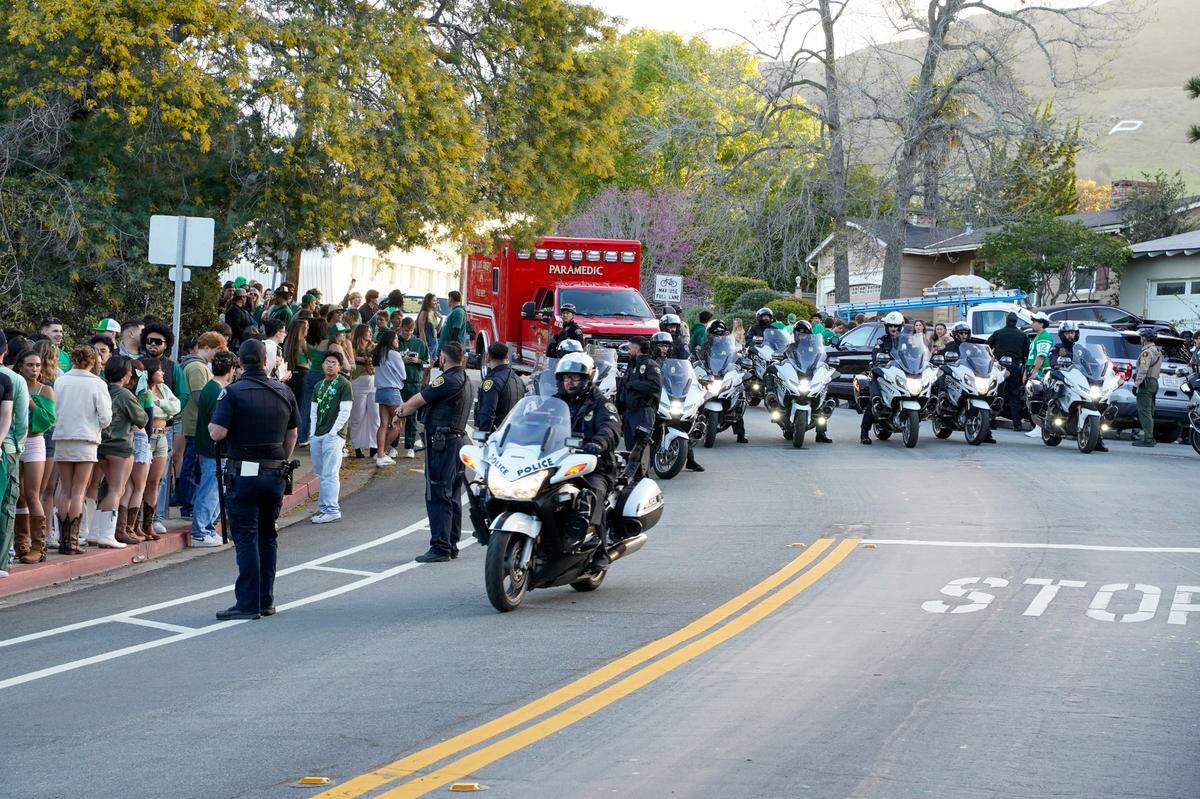 Police told students gathering on Hathway Avenue in San Luis Obispo to “go home or get arrested” on the morning of March 15, 2025. The area is usually home to a raucous block party for St. Fratty’s Day. 