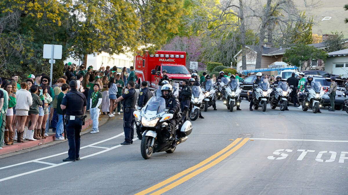 Police told students gathering on Hathway Avenue in San Luis Obispo to “go home or get arrested” on the morning of March 15, 2025. The area is usually home to a raucous block party for St. Fratty’s Day. 