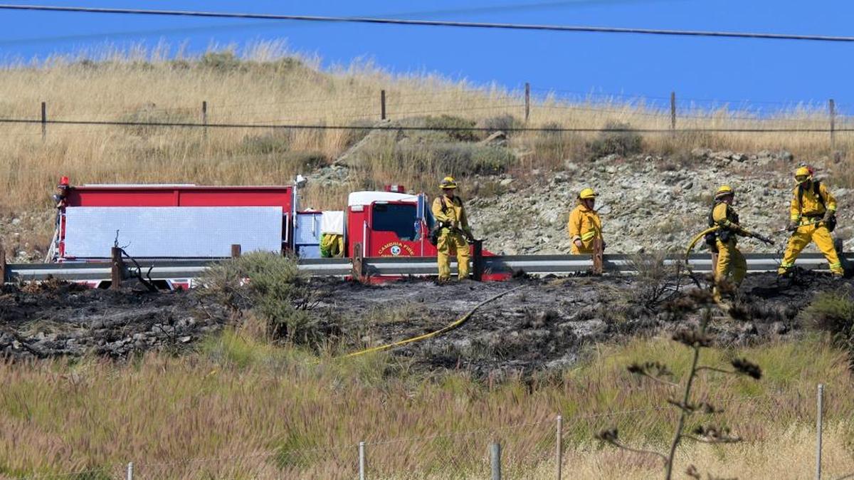 Several fires burned along Highway 1 in Cayucos on Sunday afternoon. One of the patches spilled down a hillside above homes.