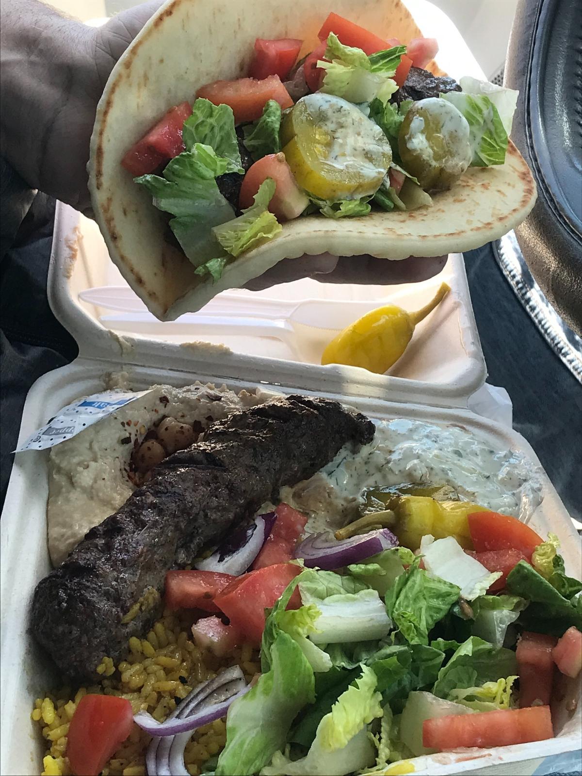 Sausage-shaped, seasoned ground beef becomes a beef kabob plate at the Kabob House food truck in San Simeon, which also offers, gyro, falafel, shawarma, falafel and a vegan housemade hummus.