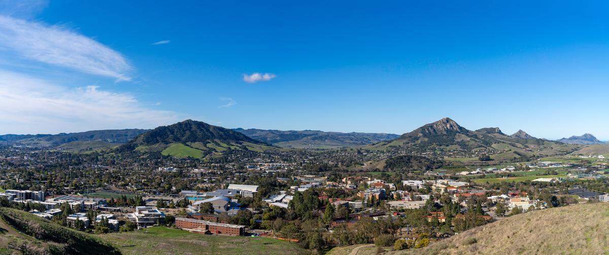 A view of Cal Poly and San Luis Obispo with Cerro San Luis and Bishop Peak in the background.