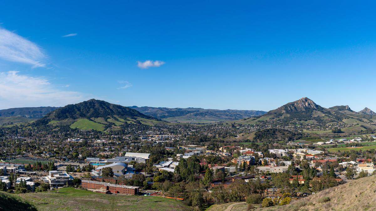 A view of Cal Poly and San Luis Obispo with Cerro San Luis and Bishop Peak in the background.